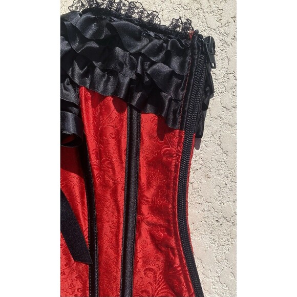NWT BEDROOM STORIES Over-bust Corset Lace Up Boned Ruffles Womens S Red Black - Picture 11 of 13